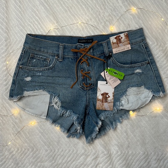 NEW! Sincerely Jules Lace Up Low Rise Distressed Shorts - Picture 7 of 10